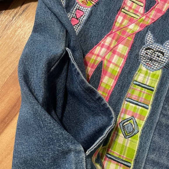 VTG Tantrums Patchwork Cats Denim Lightweight Shirt Jacket Sz L - Picture 5 of 8